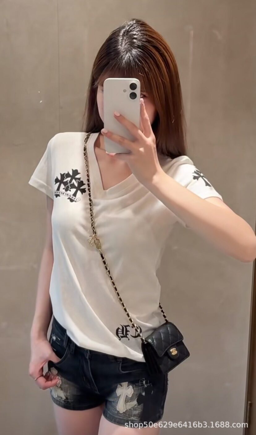 Chrome Hearts High waisted spicy girl style cross embroidered ripped denim shorts for women