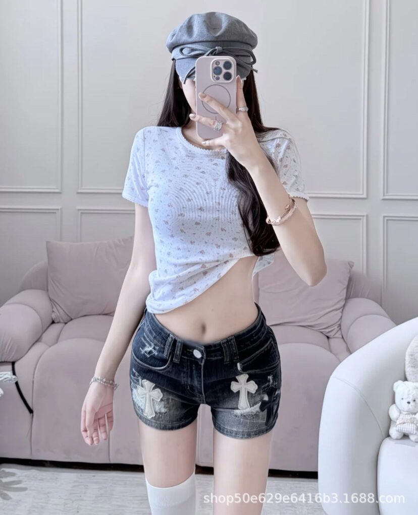 Chrome Hearts High waisted spicy girl style cross embroidered ripped denim shorts for women