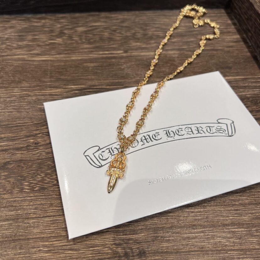 Chrome Hearts gold diamond sword pendant necklace