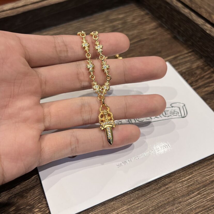 Chrome Hearts gold diamond sword pendant necklace