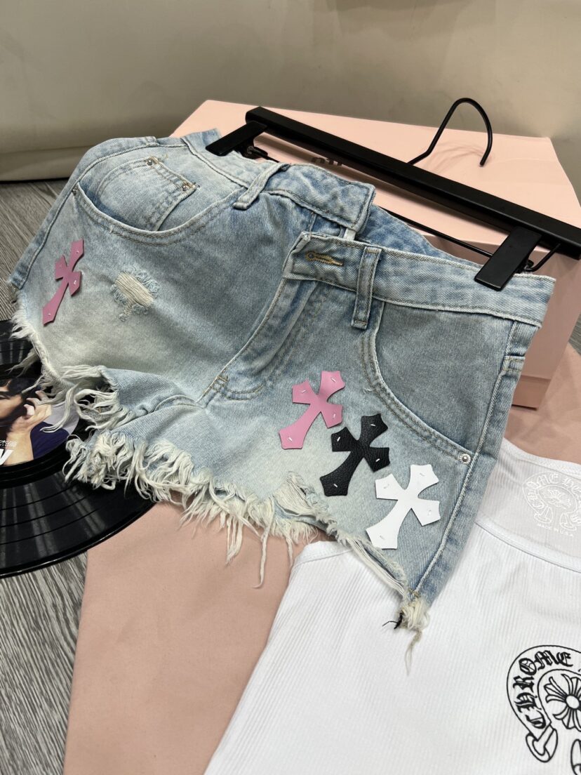 Chrome Hearts Three color leather label fringed denim shorts for women