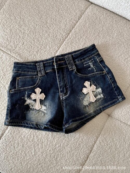 Chrome Hearts High waisted spicy girl style cross embroidered ripped denim shorts for women