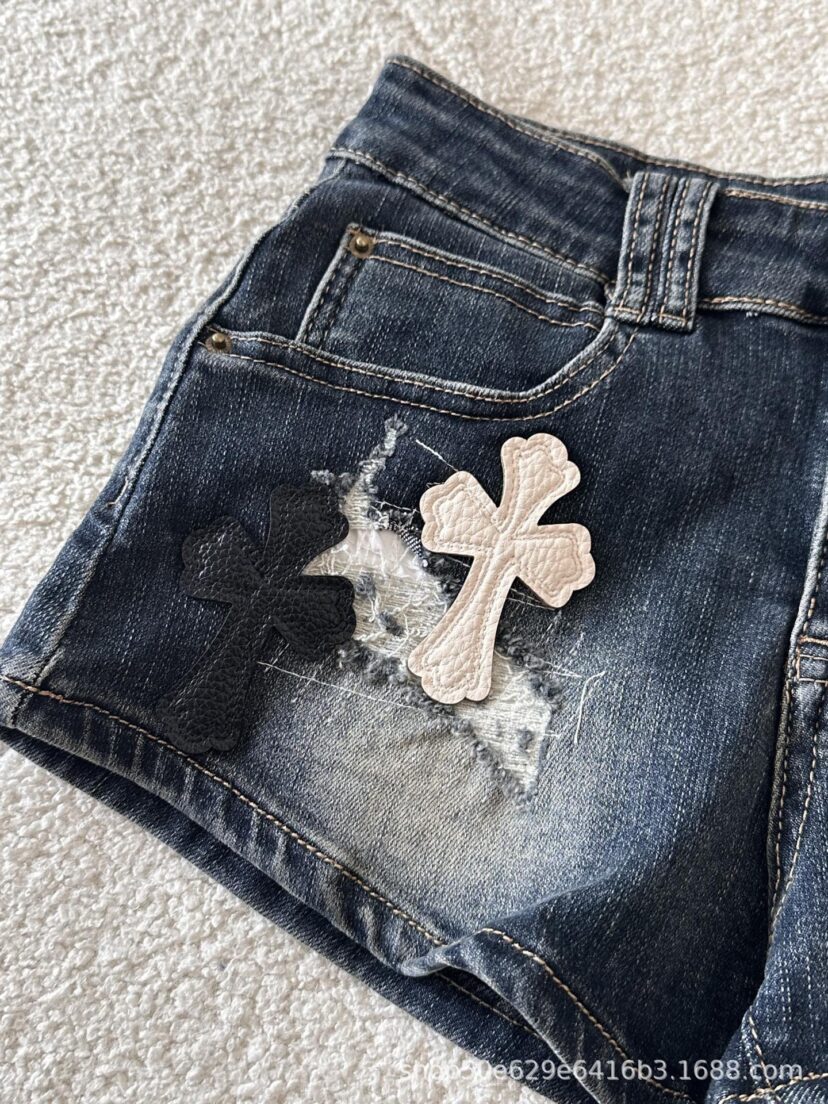 Chrome Hearts High waisted spicy girl style cross embroidered ripped denim shorts for women
