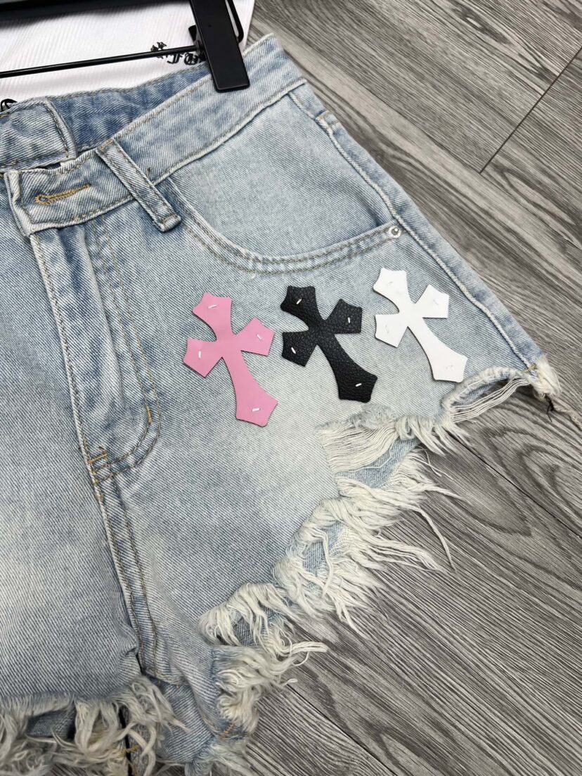 Chrome Hearts Three color leather label fringed denim shorts for women