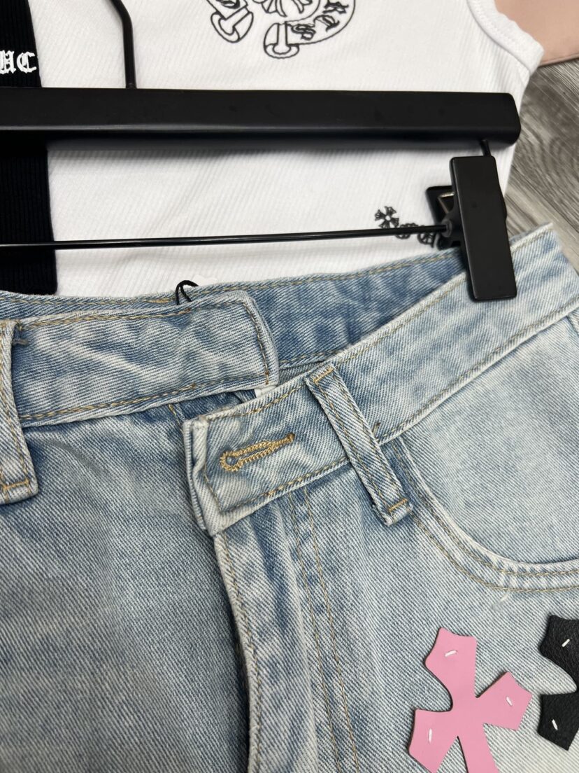 Chrome Hearts Three color leather label fringed denim shorts for women