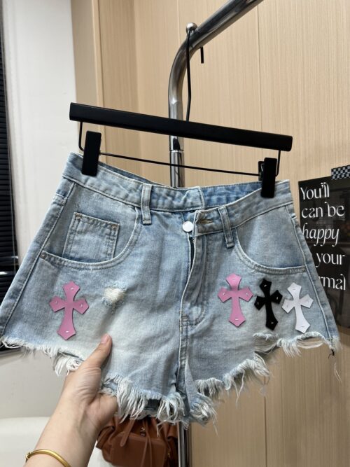 Chrome Hearts Three color leather label fringed denim shorts for women