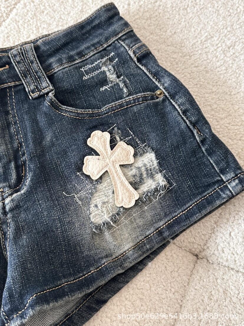 Chrome Hearts High waisted spicy girl style cross embroidered ripped denim shorts for women