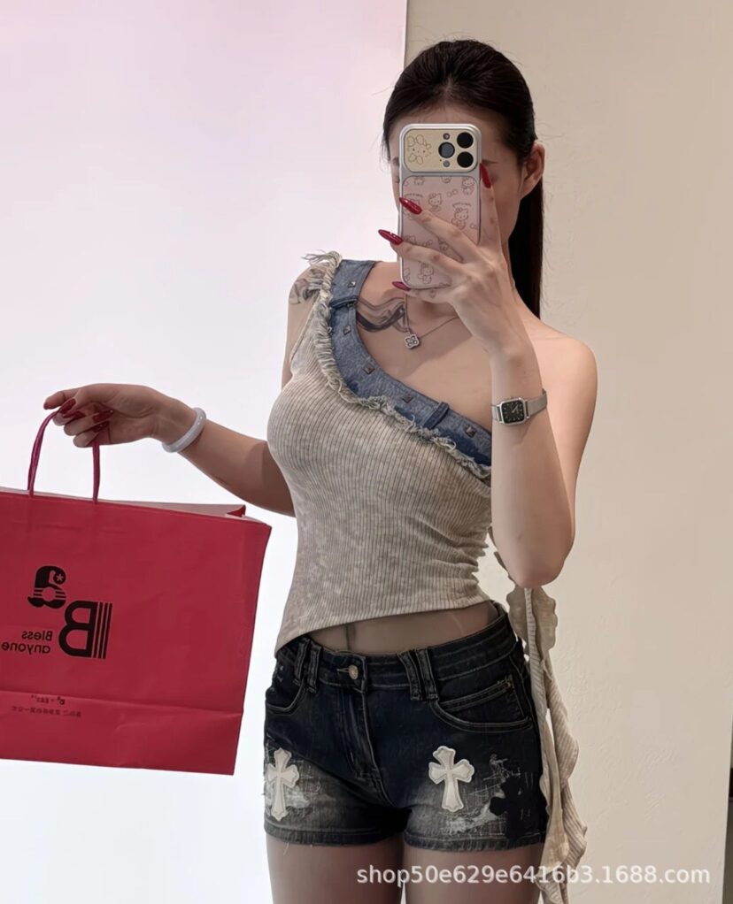 Chrome Hearts High waisted spicy girl style cross embroidered ripped denim shorts for women