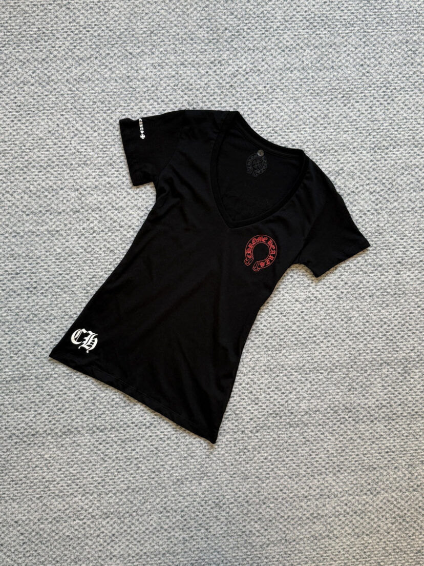 chrome hearts cross red horseshoe V-neck short-sleeved T-shirt For Women