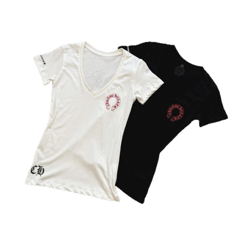 chrome hearts cross red horseshoe V-neck short-sleeved T-shirt For Women