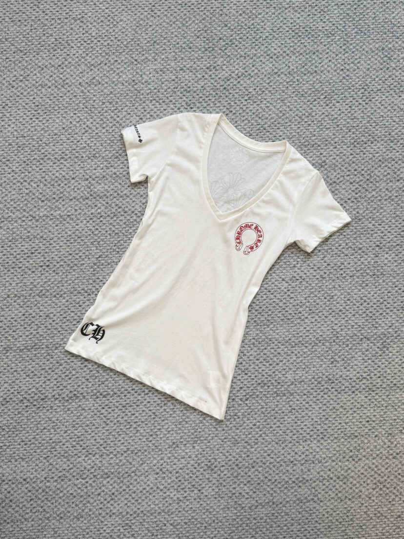 chrome hearts cross red horseshoe V-neck short-sleeved T-shirt For Women