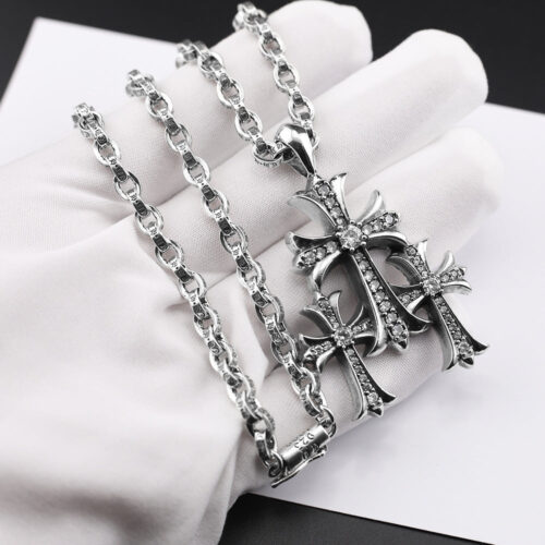 Chrome Hearts vintage diamond-studded three-cross bold letter chain necklace