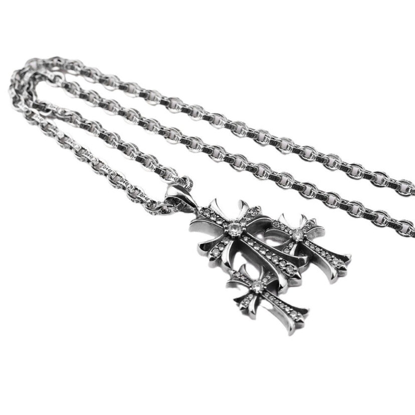 Chrome Hearts vintage diamond-studded three-cross bold letter chain necklace
