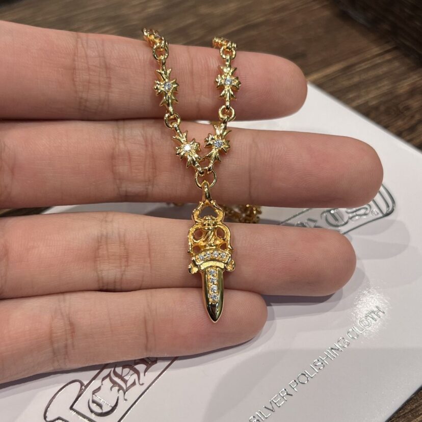 Chrome Hearts gold diamond sword pendant necklace