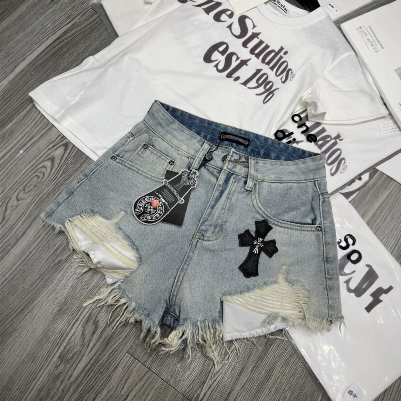 Chrome Hearts Three color leather label fringed denim shorts for women